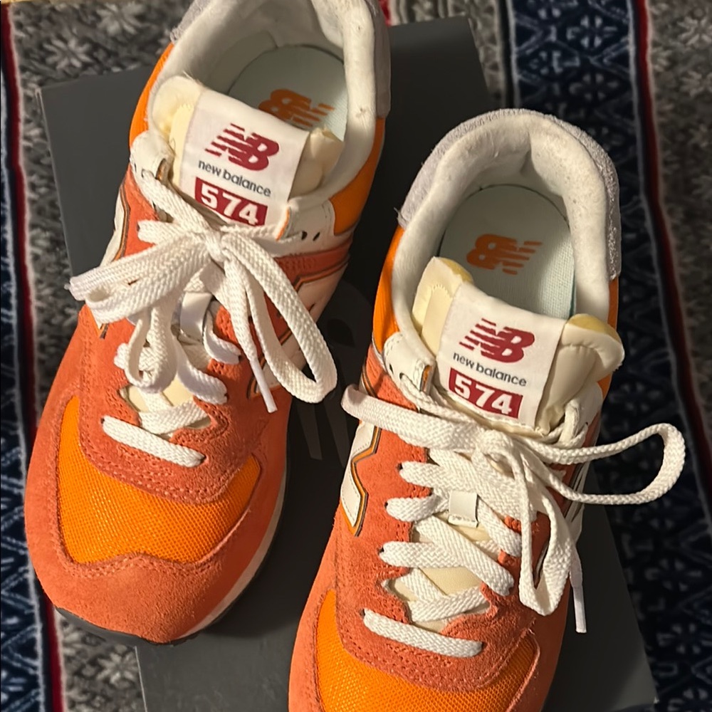 New Balance Orange and White 574 Sneakers
